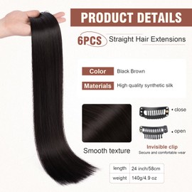 FLUFYMOOZ 6PC Clip-In Hair Extensions, 6-Piece Clip-in Hair Extension Set, 61 cm, Straight, Long, Extensions for Women, Synthetic Hairpiece (Black Brown)