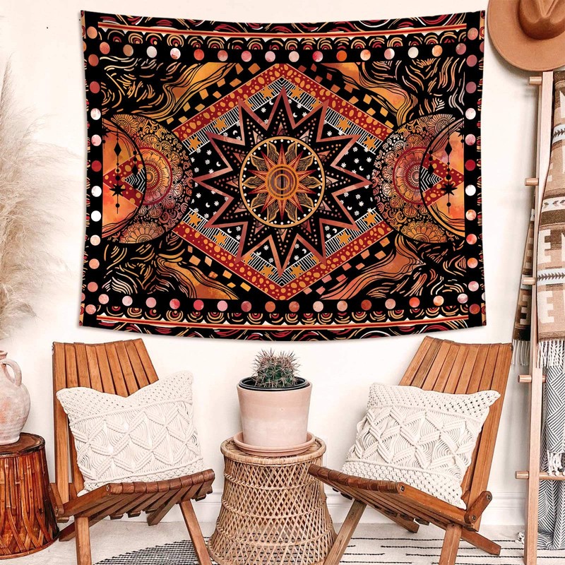Fowocu Orange Sun and Moon Tapestry Wall Hanging, Indie Hippie