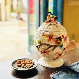 FORLONG Ceramic Food Storage Containers with Lids, 3D Hand-painted Magnolia Flower and Bird for Home Kitchen Countertop Decorative Collection Jars