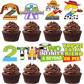 Two infinity and Beyond Birthday Decorations 40ps Two infinity and Beyond Birthday Cupcake Toppers for Boys Girls 2nd Birthday Cartoon Story Party Supples Decorations (2nd birthday)