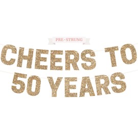 Pre-Strung Cheers To 50 Years Banner - NO DIY - Gold Glitter 50th Birthday Anniversary Party Banner - Pre-Strung Banner on 8 ft Strands - Gold Birthday & Anniversary Decorations. Did we mention no