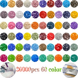 QYING 30000 Pieces 60 Color Diamond Art Painting Beads,Flat Bottom Round Resin Rhinestones for Diamond Art Painting Accessories, Round Drills for 5D Diamond Art DIY Craft
