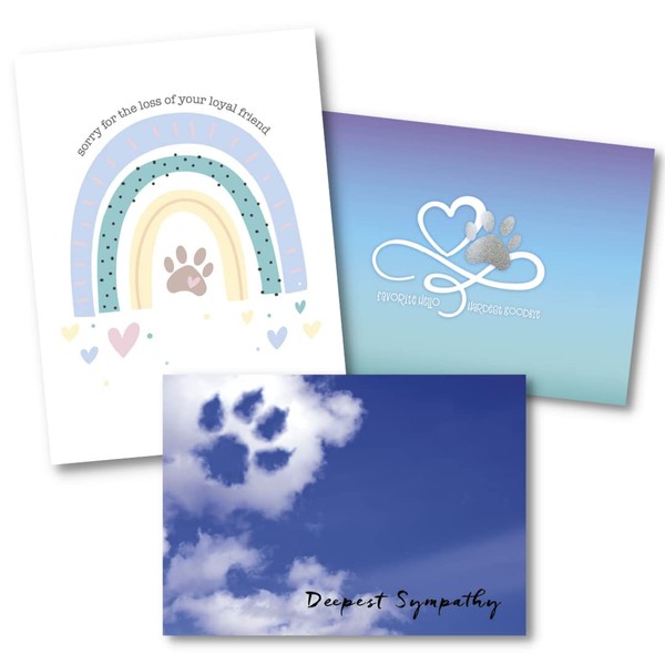 50 Pet Sympathy Cards - Assortment - 3 Paw Print Designs - 52 White Envelopes - FSC Mix