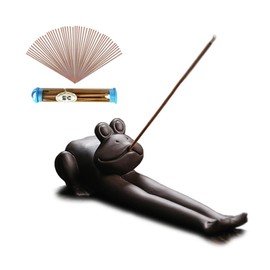 Frog Incense Stick Holder, Ceramic Insence Burner Ash Catcher, Insense Stand with 50 Sandalwood Incense Sticks, Frog Ornament for Aromatherapy/Yoga/Meditation/Home Living Room Office Decor
