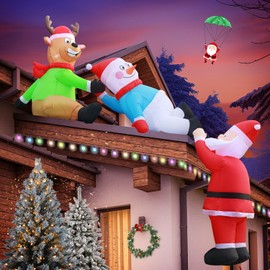 DomKom 8FT Christmas Inflatables Roof Outdoor Decorations, Climbing Santas with Reindeer and Snowman, LED Lights Holiday Blow Up Decoration for Outside Home Windows Eaves