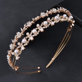 YADIRF 2 Pcs Rhinestone Headband Girl Headdress Fashion Pearl Hairband Wedding Accessory For Pageant Wedding Party (Gold)