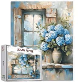 Tucocoo Hydrangeas Jigsaw Puzzles for Adults 1000 Pieces, Rustic Window Blue Flowers Floral Art Jigsaw Puzzle Colorful DIY Puzzles for Home Decoration Gifts, Family Puzzle Perfect for Game Nights