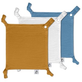 Baby Luxe 5-in-1 Mini Muslin Square, Bib, Toy Holder, Washcloth, Comforter - With Clip Attachment For Baby Bag, Pacifiers, Teething Toys and More (Set of 3: Medium Blue, Tan, White Cloth)