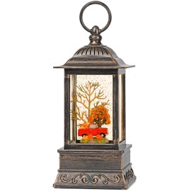 Fall Snow Globe Decorations, Glitter Red Truck Lantern with 6H Timer, USB/Battery Powered Lighted Décor for Home, Tabletop, Gift Box