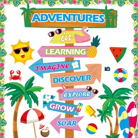 Back to School Bulletin Board Classroom Decoration Summer Beach Signpost Bulletin Board Set Welcom School Paper Cutout Decor for Office Chalkboard Wall Door Supplies