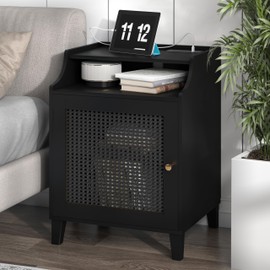 WiberWi Night Stand Black Nightstand with Charging Station Farmhouse Bedside Table with Black Rattan Door&Adjustable Storage Shelf Rustic Wood Couch Side Table End Table for Bedroom