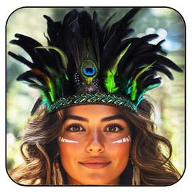GORTIN Indian Headdress Peacock Feather Headband Native American Headpiece Carnival Costume Hair Accessories for Women (Green, Free size)