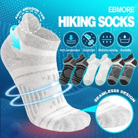 EBMORE Merino Wool Ankle Hiking Socks Compression Warm Winter Thermal Thick Cushion No Show Running Moisture Wicking Socks Gifts Stocking Stuffers for Men Women 6 Pairs(Black White,L)