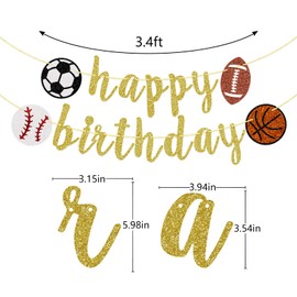 Sports Happy Birthday Banner, Glitter Sports Birthday Banner, Football, Baseball, Soccer, Basketball (Gold)