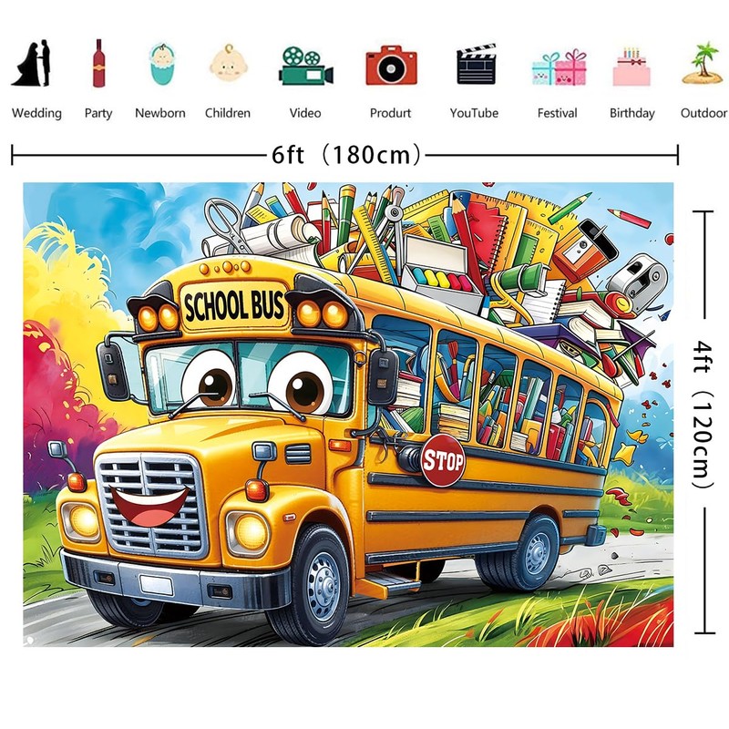 Welcome Back to School Backdrop 6x4FT Cartoon Yellow School Bus