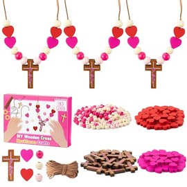 BeYumi Mother's Day Necklace Craft - 24Pcs Mother's Day DIY Wooden Cross Beads Necklace Craft Kit for Kids to Mom Gift Christian Religious Decor Family Sunday School Classroom Party Fun Activities