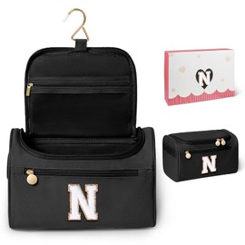 COSHAYSOO Nice Gifts for Wife Daughter Summer Bridal Shower Gift for Bride Bridesmaid, Large Toiletry Bags for Traveling Women Waterproof Travel Size Toiletries Items Black Letter N