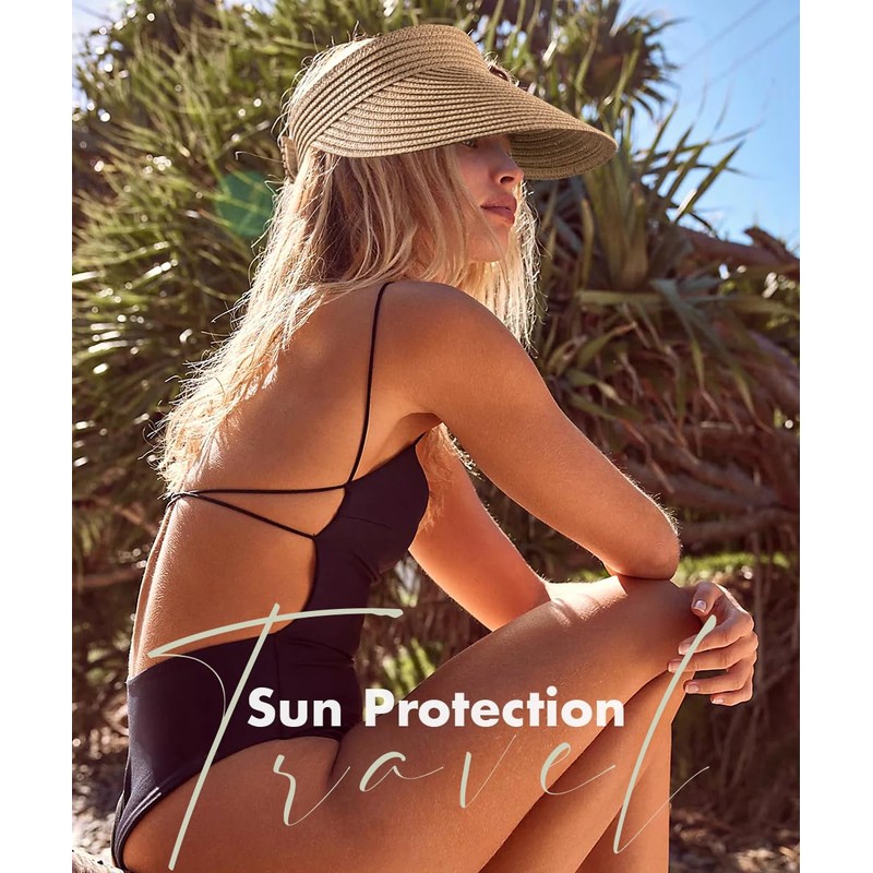 Womens Straw Sun Visor Hat Foldable Beach Visors Hat for