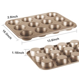 TAOUNOA Muffin Pan for Baking, Nonstick Cupcake Pan Set of 2, 12-Cup Muffin Tin, Premium Round Cheesecake Pans, Dishwasher Safe - Gold Grey