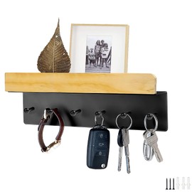 WJUAN Schlüsselbrett mit Ablage und 6 Haken – Wand Schlüsselhalter aus Metall und Holz – Wandorganizer für Flur, Eingang, Küche, Garderobe