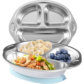 Mrs. Chou® Stainless Steel Baby Suction Plates Divided Designed for Babies and Toddlers, Made of 100% Food-Grade Materials Ideal for Baby-Led Weaning BPA-Free Toddler Feeding Supplies Dishwasher Safe