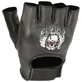 Shaf International Fingerless Leather Gloves with Fire Skull Embroidery (Black, Medium)