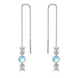 Moon Phase Earrings 925 Sterling Silver Threader Earrings Drop Dangle Moonstone Earrings Moon phase with Long Chain Birthday Jewelry Gifts for Women Girls, Sterling Silver, Moonstone
