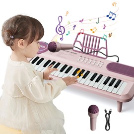 Pink Piano for Girls, 37 Key Music Keyboard with Microphone & Music Stand, Toy Piano for Toddlers 1-3, Baby Grand Piano for Kids, Beginners Portable Grand Piano, First Birthday Gift for Boy Age 2-4