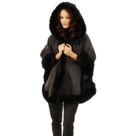 Cashmere Pashmina Group Coat Fur Cape Faux Fur Ruana blanket Caplet Wrap Shrug Sweater Poncho dress shawl (Black Wool blend cape with faux fur trim)