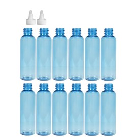 Premium Essential Oil 2 Ounce Cosmo Round Bottles, PET Plastic Empty Fillable BPA-Free, with Natural Twist Top Caps (Pack of 12) (Light Blue)