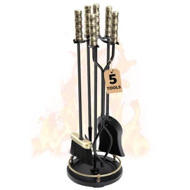 AMAGABELI GARDEN & HOME Fireplace Tools Set 5 Pcs Wrought Iron Indoor with Stand for Fire Place Kit Holder Wood Stove Hearth Accessories Chimney Fire Pit Tongs Shovel Brush Poker Fireset Outdoor Brass