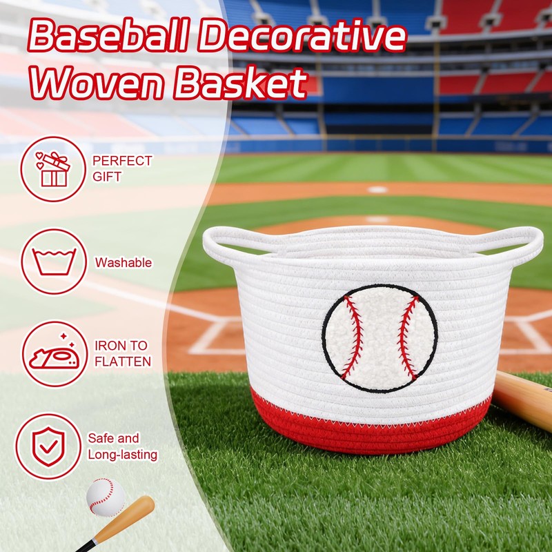 Baseball Woven Basket-Cute Cotton Rope Gift Basket Embroidered Baseball