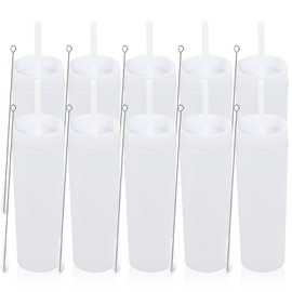 Volhoply 16oz Plastic Skinny Tumbler With Lid and Straw Bulk 10 Pack,Insulated Double Wall BPA Free Matte Acrylic Tumblers,Iced Coffee Travel Reusable Party Cup,Customizable Diy Gifts(White,10 Set)