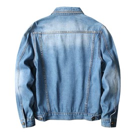 LONGBIDA Men's Jean Jacket Ripped Distressed Denim Trucker Coat with Holes(Blue,M)