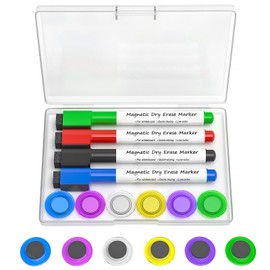 MaxGear 4 Dry Erase Markers with 6 Strong Magnets, Valuable Accessories Package for Glass White Board and Normal Dry Erase Board, 3 cm Round Colored Magnets for Classroom, Refrigerator, Office, Home