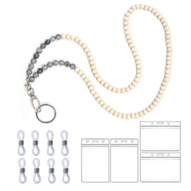 LAGAHS Lanyard with 4PCS ID Holders and 8PCS Rubber Ends Connectors, Stylish Natural Stone Wooden Beaded Lanyard, Necklace ID Badge Holder for Glasses and Respirator