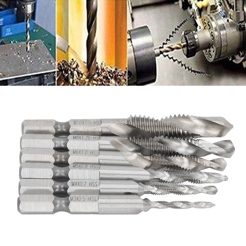 6PCS Hex Shank Combination Drill Tap 3 in 1 HSS
