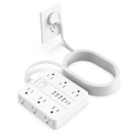 AOFO 25FT Surge Protector Power Strip,12 AC Outlets with 6 USB Ports (2 USB-C), Flat Plug Extension Cord with Multiple Outlets, Wall Mount for Home Office,Dorm, White