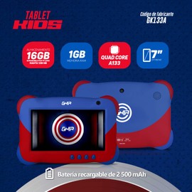 GHIA Tablet Kids GK133A. Pantalla de 7 Pulgadas, RAM 1GB, Almacenamiento 16GB, Doble cámara, Wi-Fi, Bluetooth. Batería 2500 mAh, Android 11