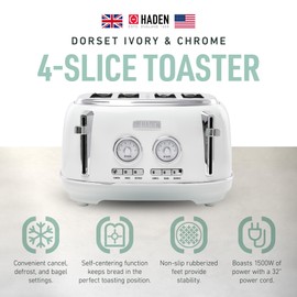 Haden Dorset 4 Slice Wide Slot Stainless Steel Toaster with Adjustable Browning Control & Non-Slip Feet, Ivory & Chrome