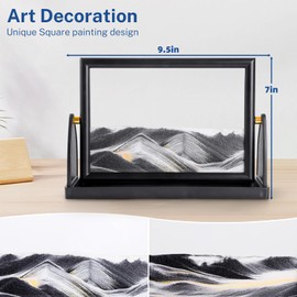 BOLGRLONG Moving Sand Art Liquid Motion 3D Dynamic Mountains Sandscape Sand Painting, Square Glass Sand Painting with Easy-Flip Stand, Sensory Relaxing Decor for Home and Office (9" - Black Sand)