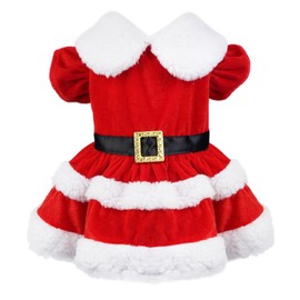 Idepet Christmas Dog Outfit, Santa Dog Dress Puppy Costume Xmas Dog Skirt for Small Dogs Girls Velvet Cat Apparel Thermal Holiday Pet Clothes, Red (Medium)