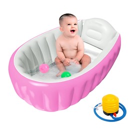 Raganet Tina Inflable para Bebé con Bomba de Inflado Incluida, Bañera Plegable de PVC, Antideslizante, Rosa, 85cm Largo X 45cm Ancho X 32cm Alto