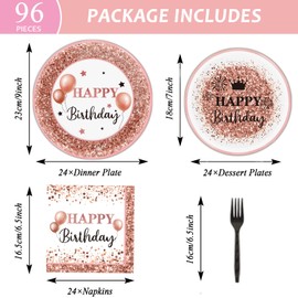 Wiooffen 96pcs Rose Gold Birthday Party Supplies Pack Happy Birthday Paper Plates Napkins Forks Kit Disposable Tableware Set Birthday Party Decorations Favors for Girls, Serve 24