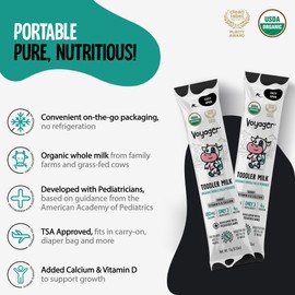 Voyager Toddler Milk On The Go, USDA Organic Shelf Stable Whole Milk Powder, Great for Travel, No Refrigeration, Gluten Free with No GMO's and No Antibiotics for Kids, 32 Sachets of 15g - 2 Pack