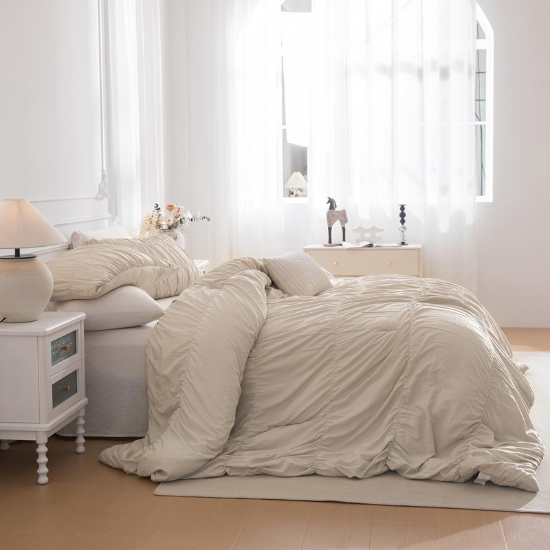 Masaca King Size Comforter Set(106"x95"),Wheat Ruched Bedding Comforter,Farmhouse Shabby Boho