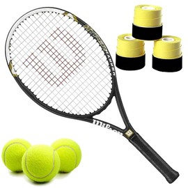 Wilson Hyper Hammer 5.3 110 Pre-Strung Recreational Tennis Racquet (4 3/8" Grip) Set or Kit Bundled with Yellow Overgrips and a Can of ITF Regulation Tennis Balls