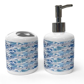 Ambesonne Tropical Soap Dispenser & Toothbrush Holder Set, Hawaiian Theme Wild Cat Prints and Palm Trees Silhouettes Illustration, Ceramic Bathroom Toiletry Accessories, 2 Pcs, Dark Sky Blue White