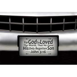 John 3:16 For God So Loved The World Christian Bible Verse Quote in Black on a Blended Black And Cream Background License Plate for front of car