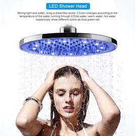 Rain Shower Head, 8" inch Round LED Shower Head with 3 Color Temperature Controlled Lights Changing automatically Water Rainfall High-Pressure Bathroom Shower Head